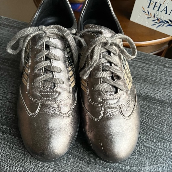 Burberry Metallic Leather Check Leather trim Lace Up Sneakers EU38 US8 - Picture 3 of 15